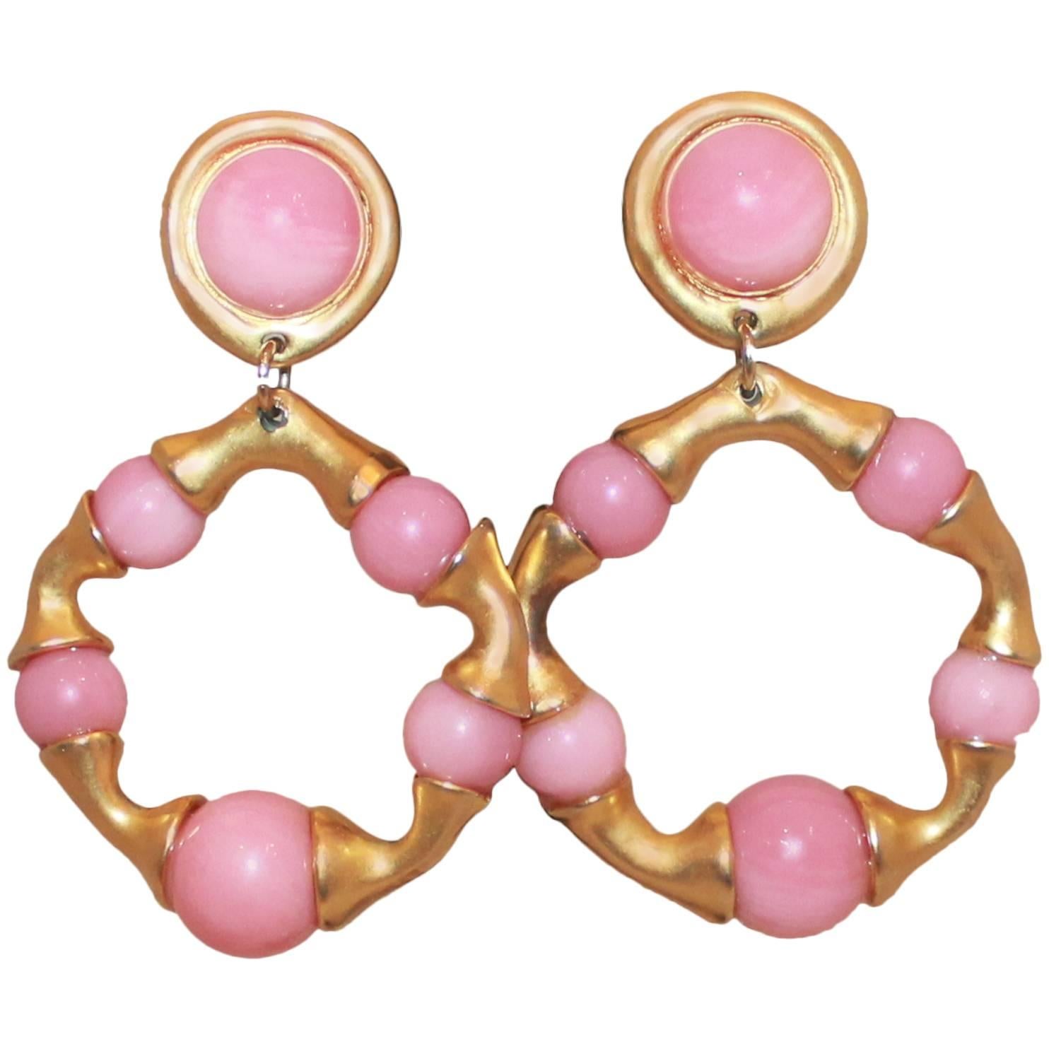 Chanel Goldtone and Pink Gripoix Hoop Clip-On Earrings, Circa 1993