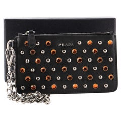 Vintage Prada Chain Zip Pouch Embellished Saffiano Leather Black