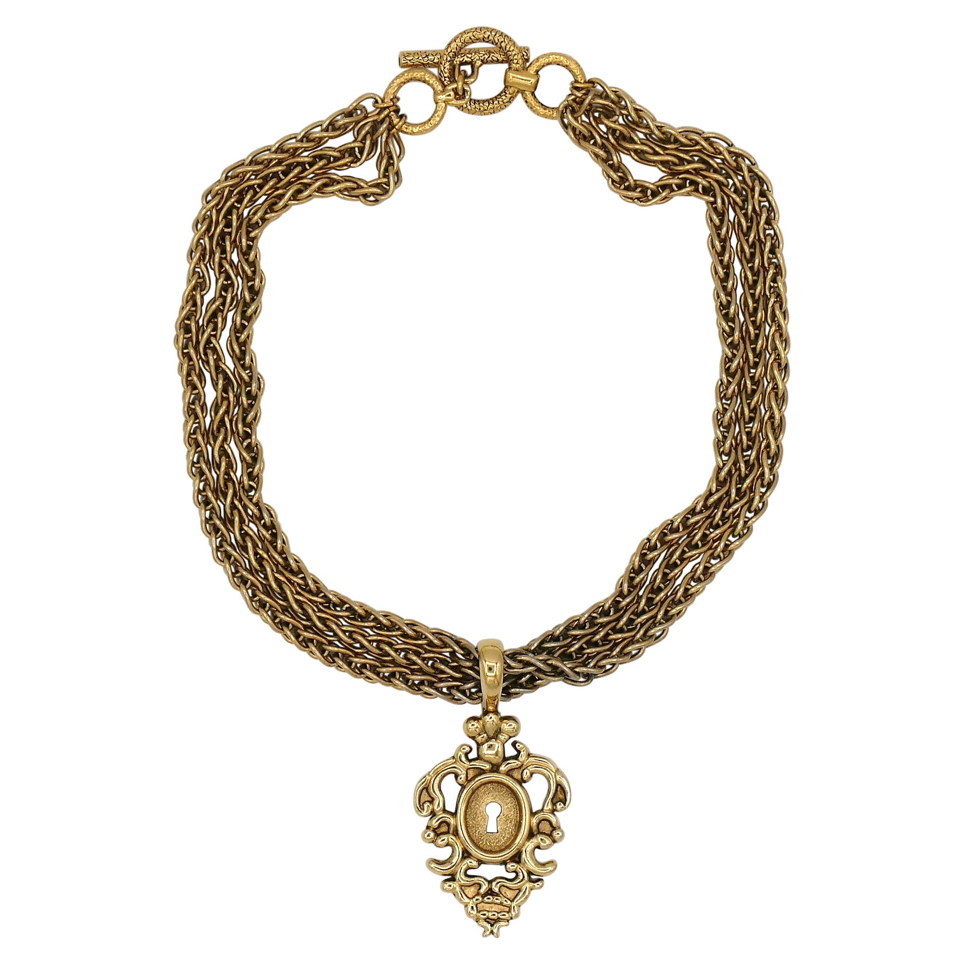 Rochas Vintage Gold Toned Lock Pendant Necklace For Sale
