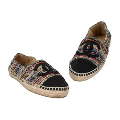 Chanel Espadrille 39 Tweed Canvas Leather CC Cap-Toe Flats CC-0402N-0100  For Sale at 1stDibs