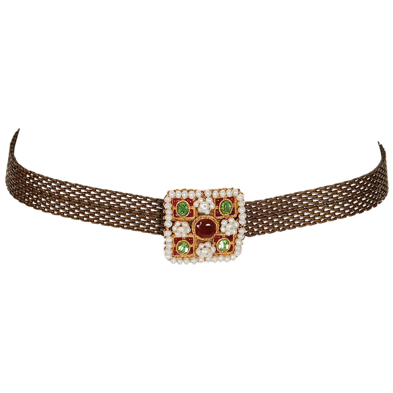 1997 Chanel Rare Colorful Gripoix & Pearls Buckle Gold-Tone Chain Link Belt