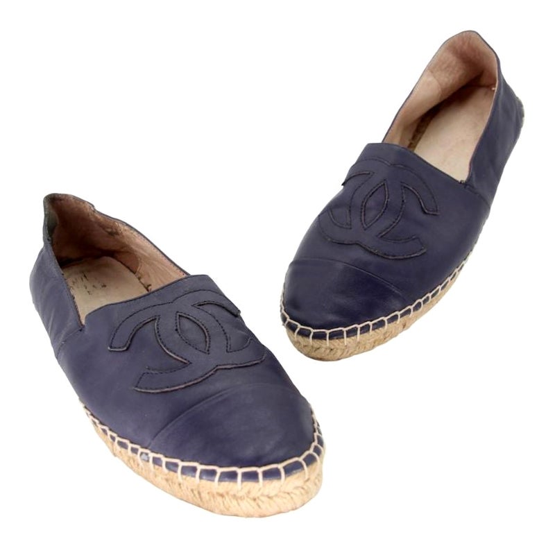 Chanel Espadrille Double Stacked 37 Leather CC Flats CC-0712N-0017 For Sale