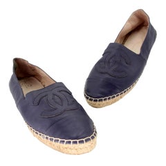 Used Chanel Espadrille Double Stacked 37 Leather CC Flats CC-0712N-0017