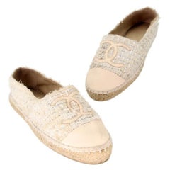 Chanel Espadrille 38 Tweed Patent Leather Cap Toe Flats CC-0502N-0125