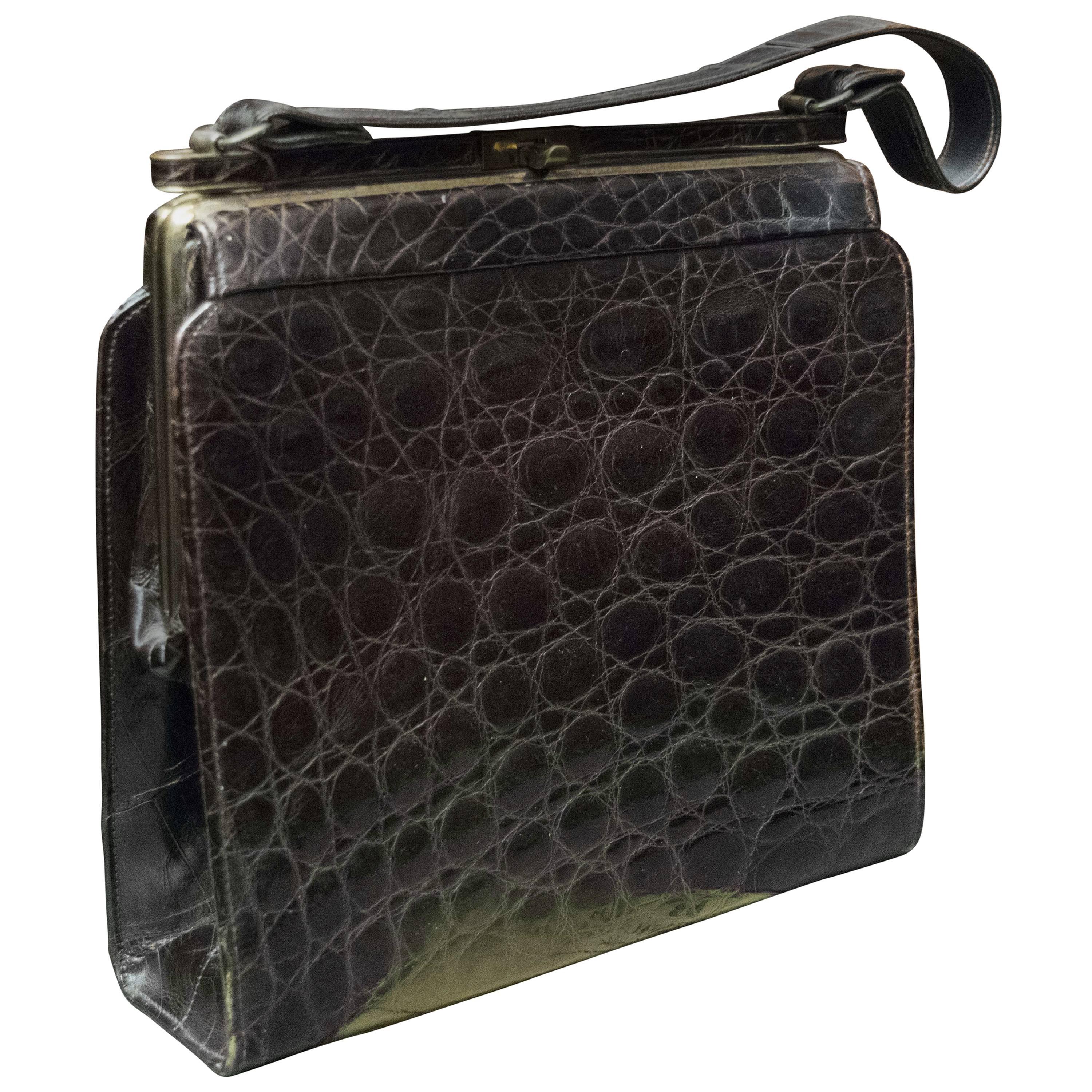 1940s Brown Square Alligator Handbag 