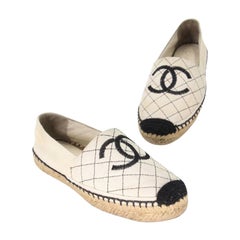 Used Chanel Espadrille 36 Quilted Canvas Embroidered Stacked Flats CC-0505N-0157