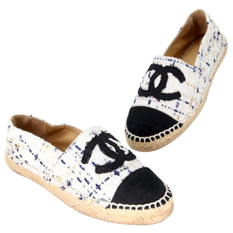 Chanel Espadrille 38 Tweed Leather Cap Toe Flats CC-0916N-0002 For Sale