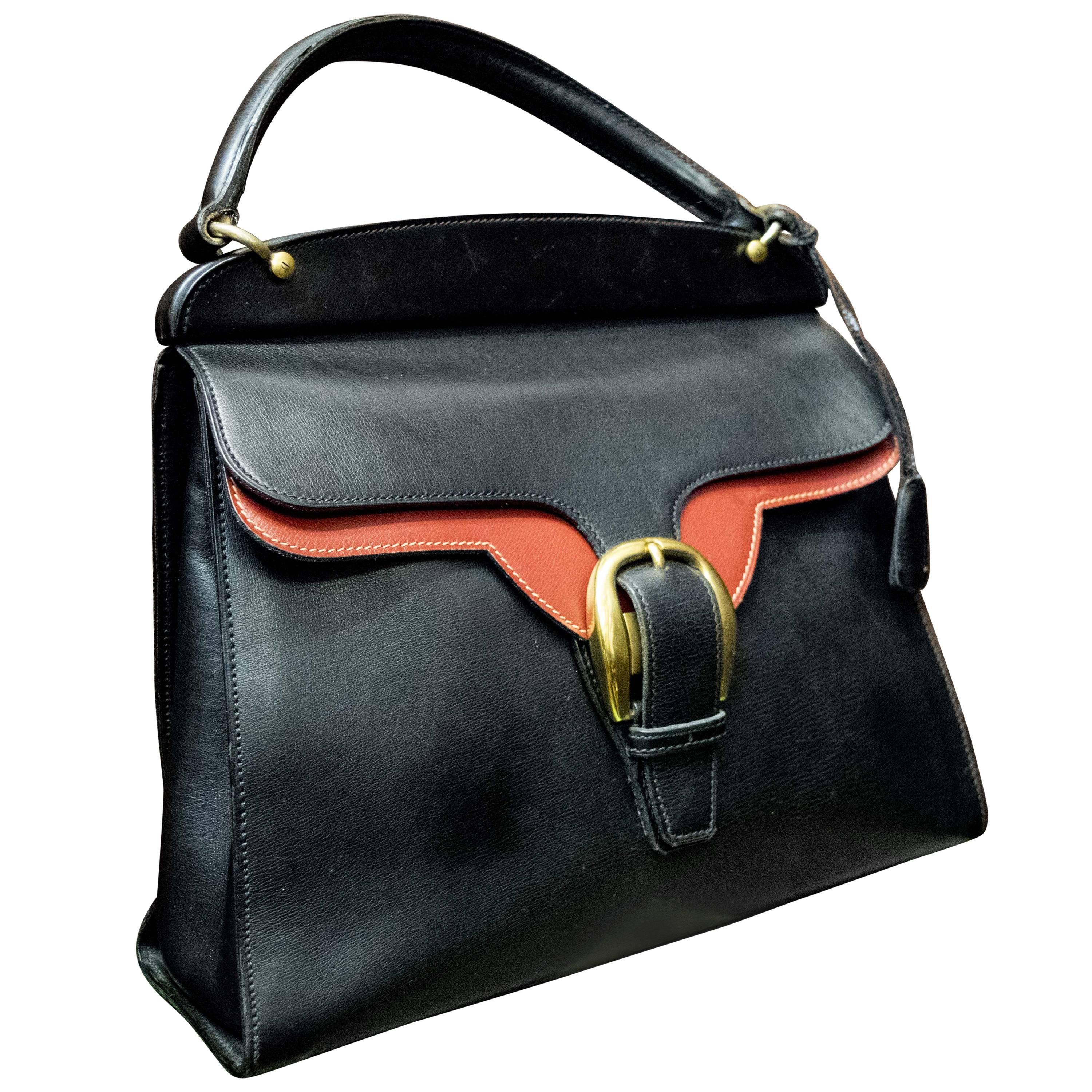 1950s Gucci Black and Red Leather Handbag