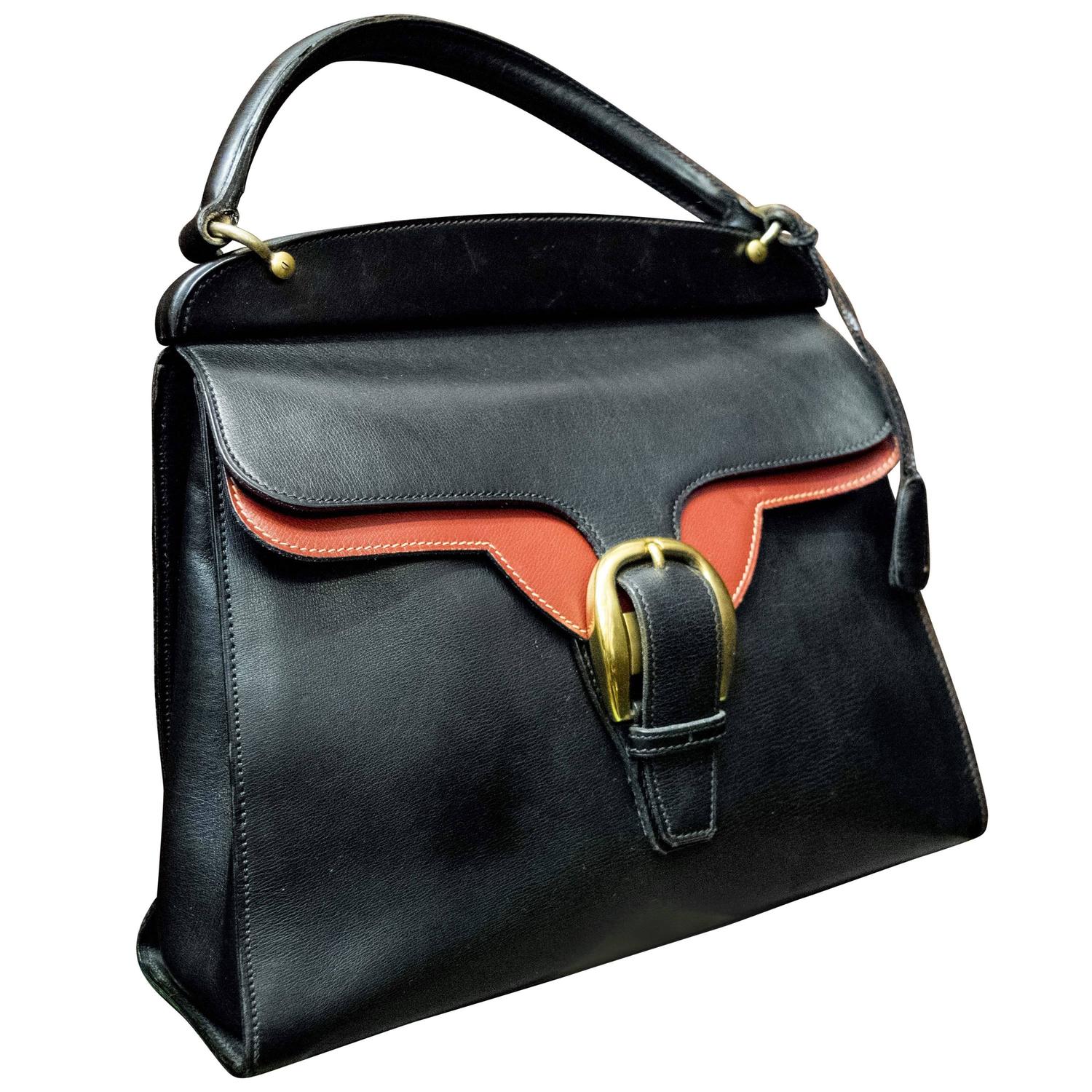 1950s Gucci Black and Red Leather Handbag For Sale at 1stdibs