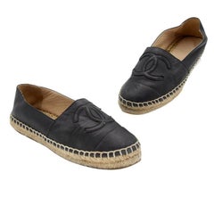 Used Chanel Espadrille 38 Leather CC Double Stacked Flats CC-0225N-0049