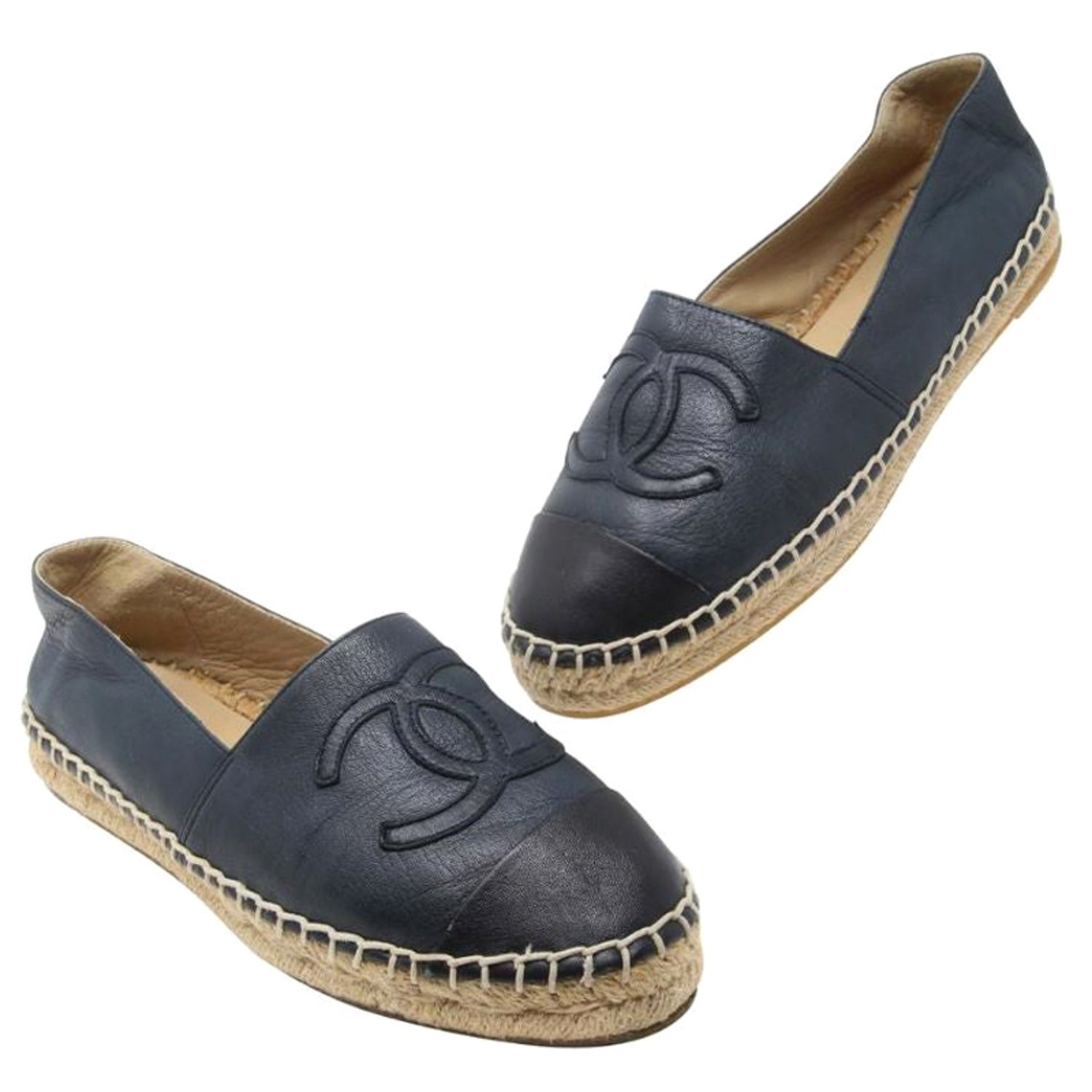 Chanel Espadrille 38 Tweed Canvas Leather CC Cap-Toe Flats CC-0602N-0005  For Sale at 1stDibs