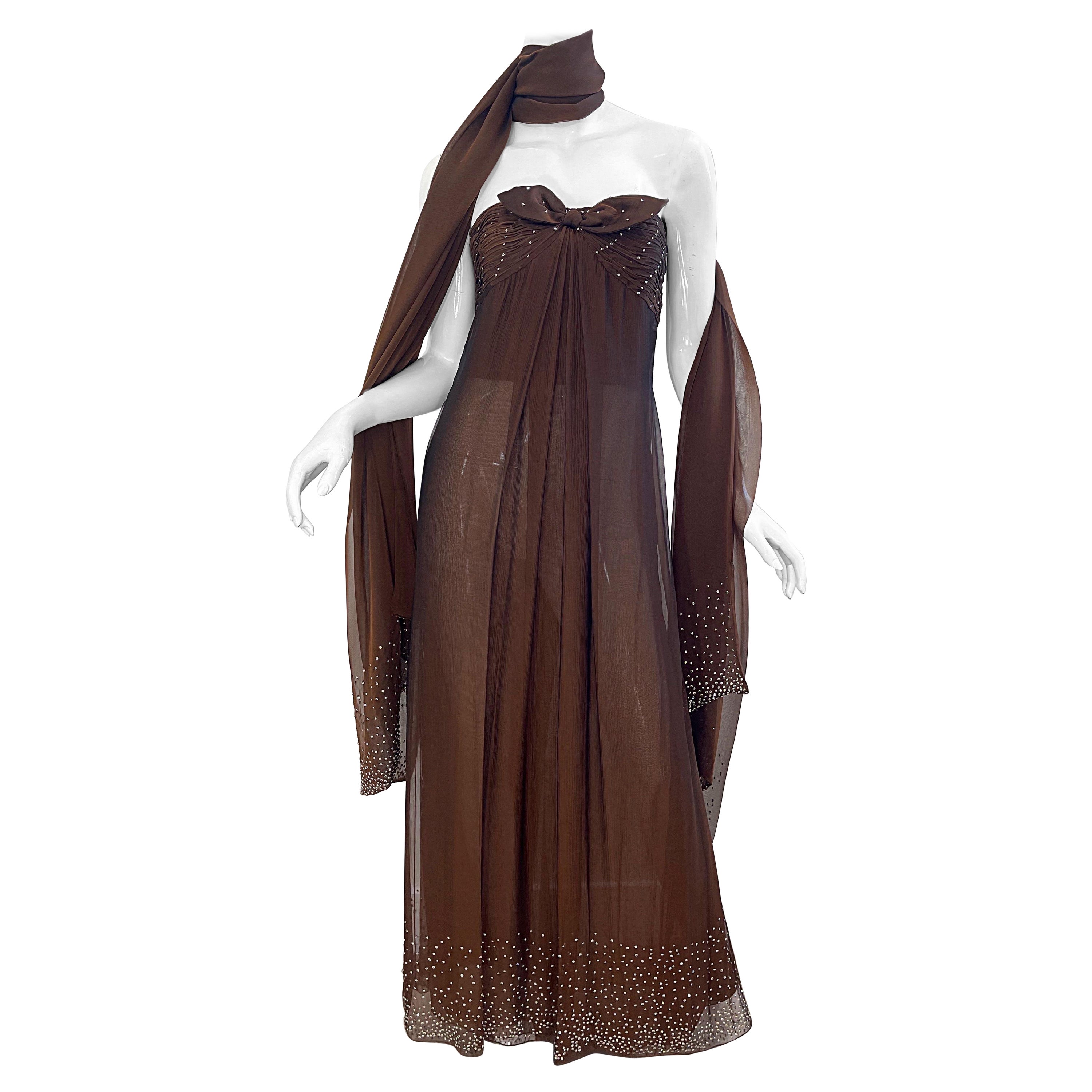 1970s Bill Blass Chocolate Brown Silk Chiffon Rhinestone Strapless Gown + Shawl For Sale