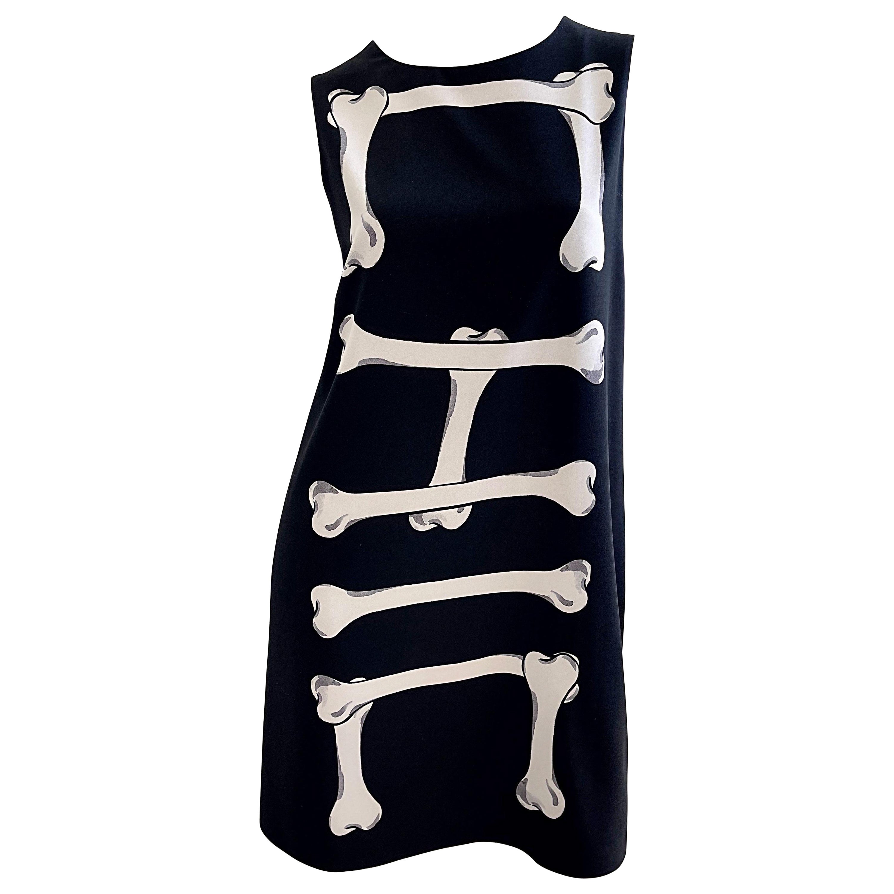 Moschino Cheap & Chic 2000s Size 10 No Bones About It Black White Skeleton Dress For Sale