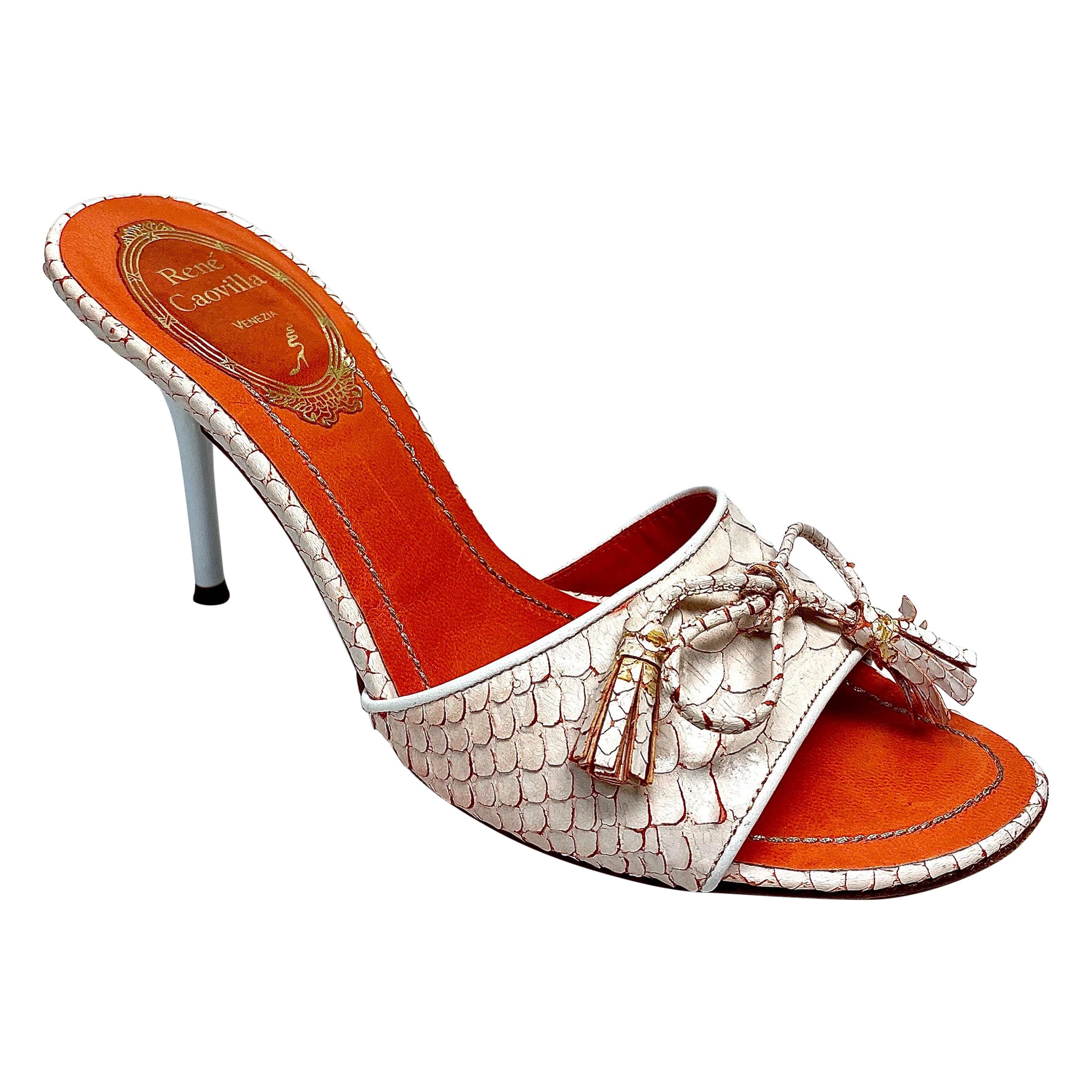 Rene Caovilla Orange Python Peep Toe Heels Size 35 For Sale