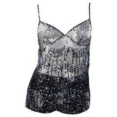 Chanel Black and White Beaded Print Sheer Tank