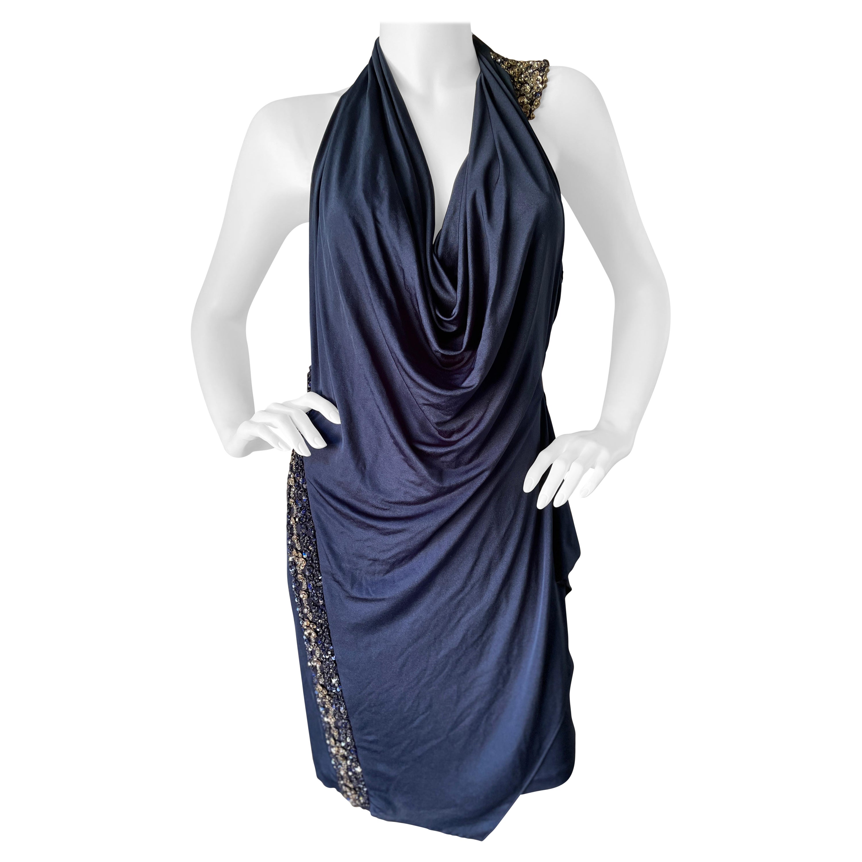 Roberto Cavalli Navy Blue Embellished Backless Mini Dress For Sale