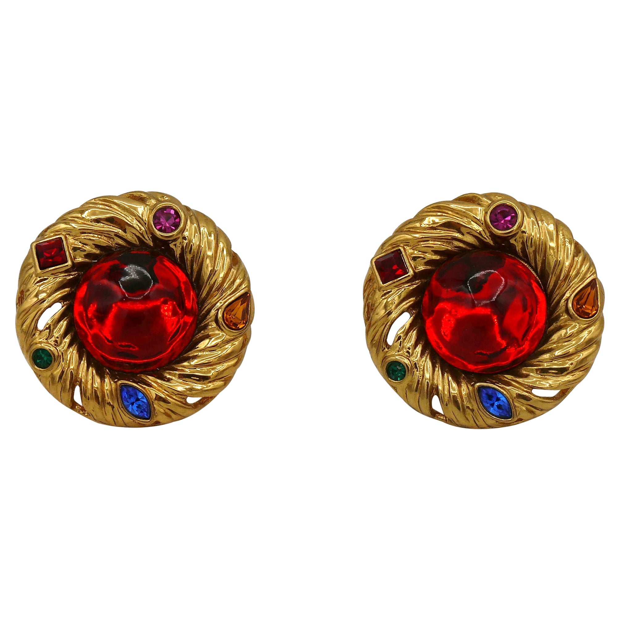 Yves Saint Laurent YSL Jewelled Gold Toned Nest Desgin Clip-On Earrings For Sale