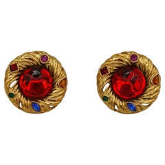 Yves Saint Laurent YSL Jewelled Gold Toned Nest Desgin Clip-On Earrings