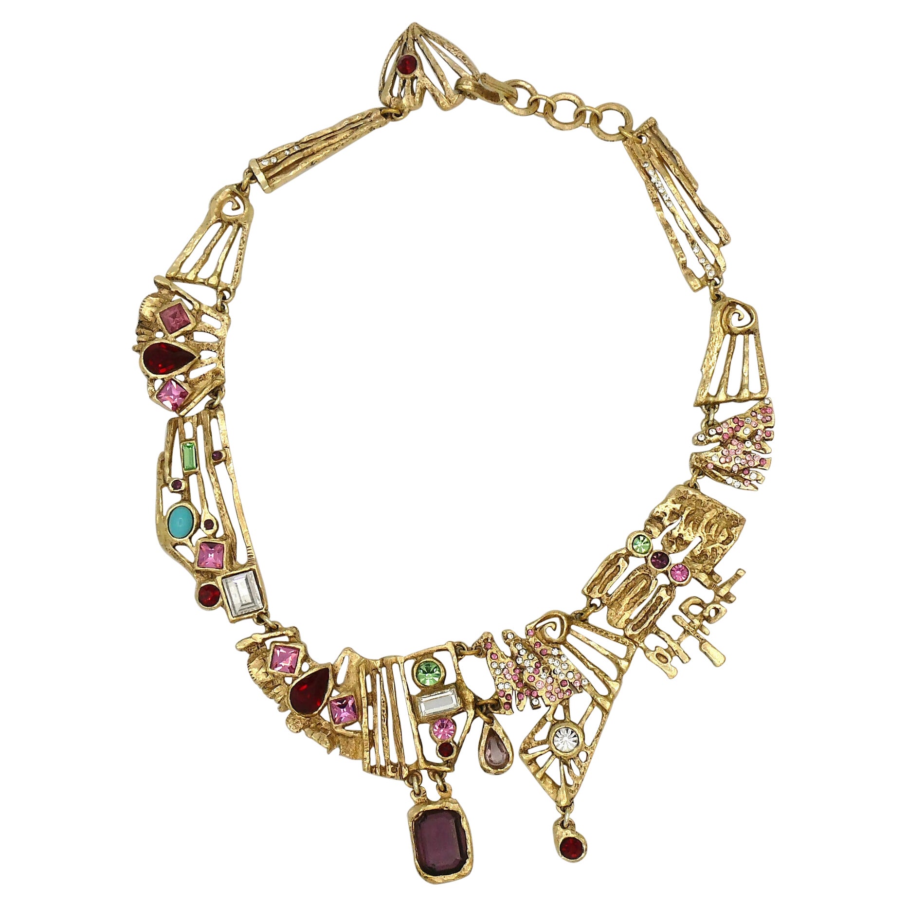 Christian Lacroix Vintage Brutalistische Halskette mit Juwelen in Gold und durchbrochenen Verzierungen im Angebot