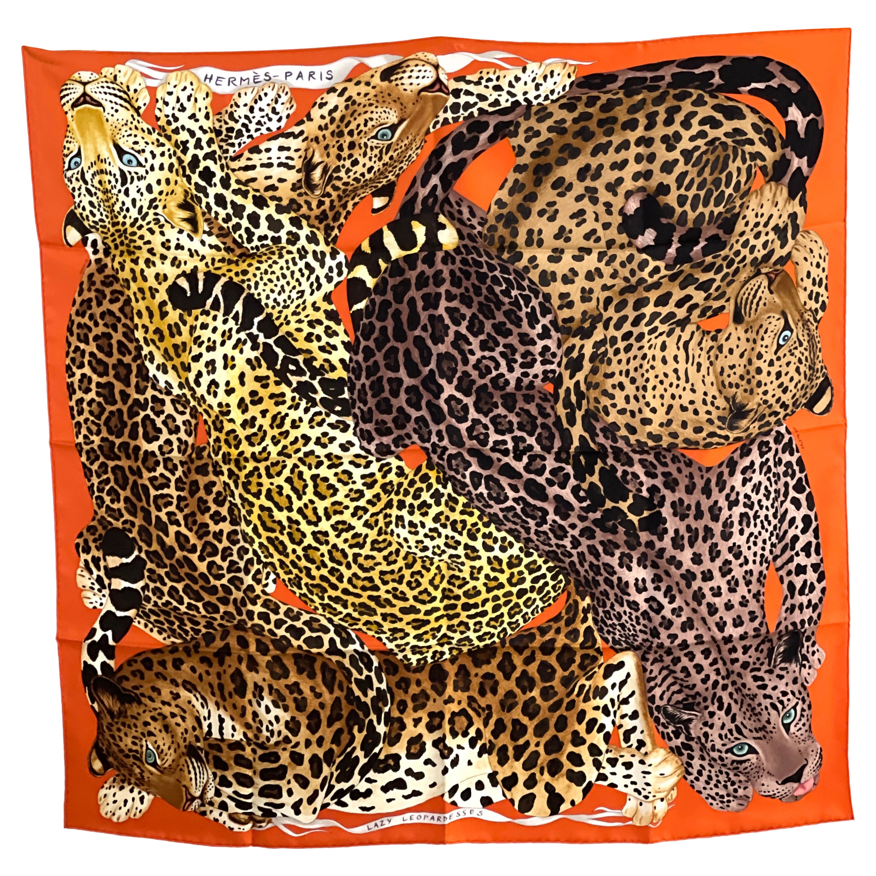 Hermès Lazy Leopardesses Orange Silk 90 Scarf/Wrap Scarf/Wrap at