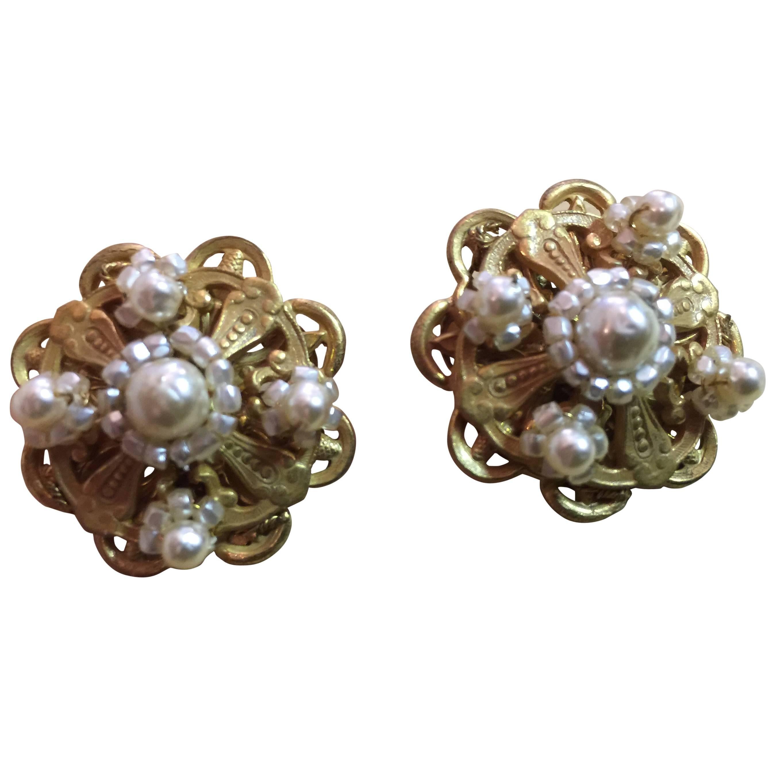 1960s MIRIAM HASKELL Baroque Seed Pearl and Goldtone Filigree Earrings For Sale