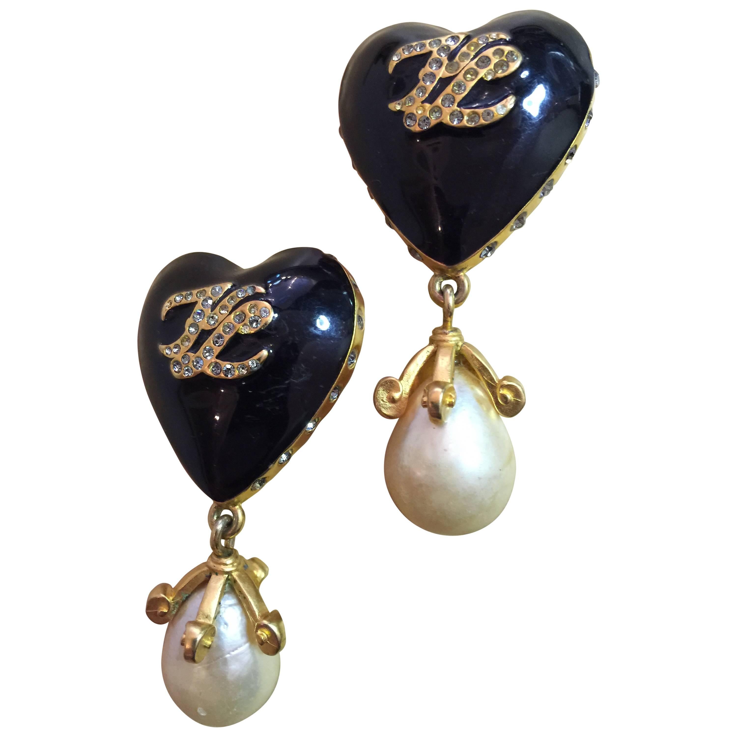 1980s-1990s KARL LAGERFELD Blue Enamel and Pearl Luxe Drop Heart Earrings For Sale