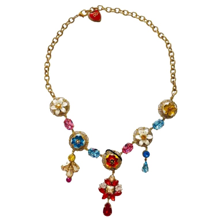 Dolce & Gabbana Gold Brass Red Fur Crystal Carretto Chain Necklace