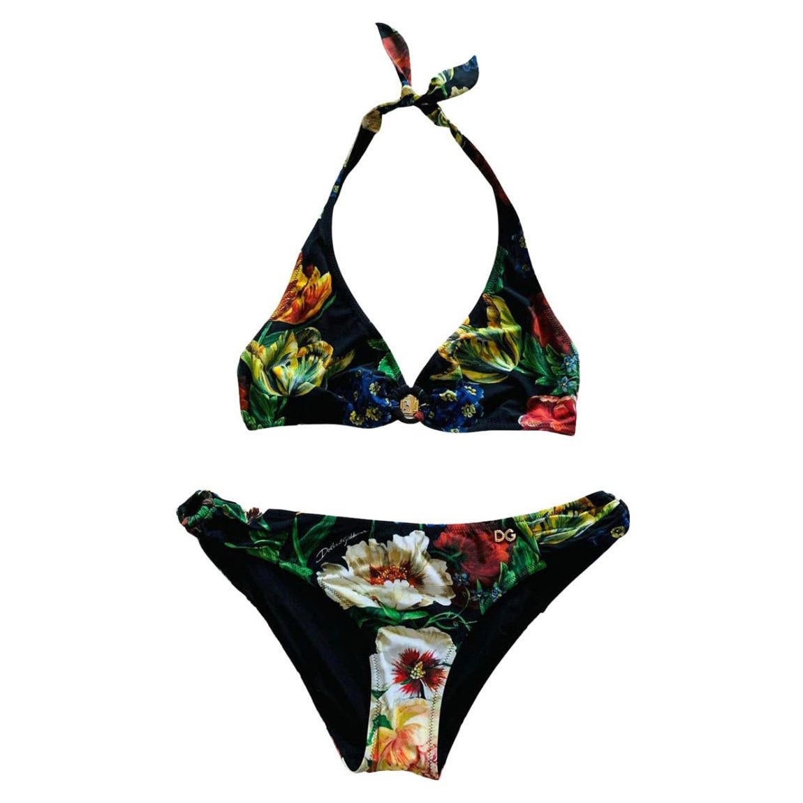 Dolce & Gabbana Black Floral two piece swimwear bikinis  For Sale