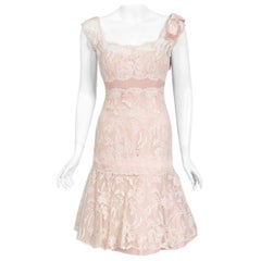 Vintage 1950s Harvey Berin Pale-Pink Lace Illusion & Silk Flounce Cocktail Dress