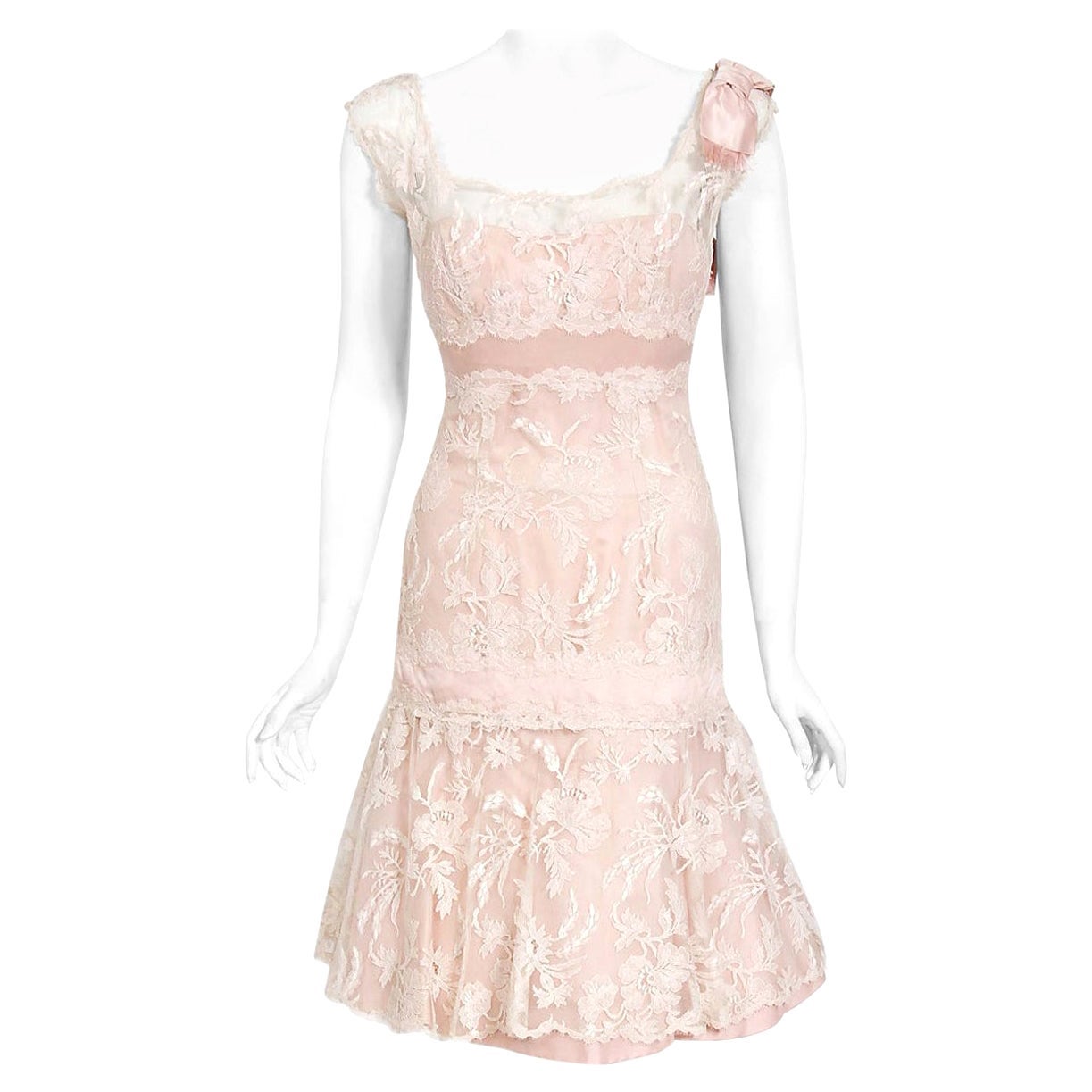 Vintage 1950s Harvey Berin Pale-Pink Lace Illusion & Silk Flounce Cocktail Dress For Sale