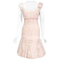 1950's Harvey Berin Pale-Pink Sheer Lace Illusion & Silk Flounce Cocktail Dress