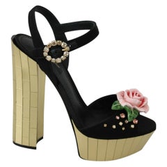 Dolce & Gabbana Black with large pink Rose sandals heels shoes
