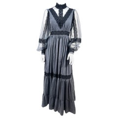Vintage 1970s Gunn Sax Grey Blue Cotton Prairie Dress