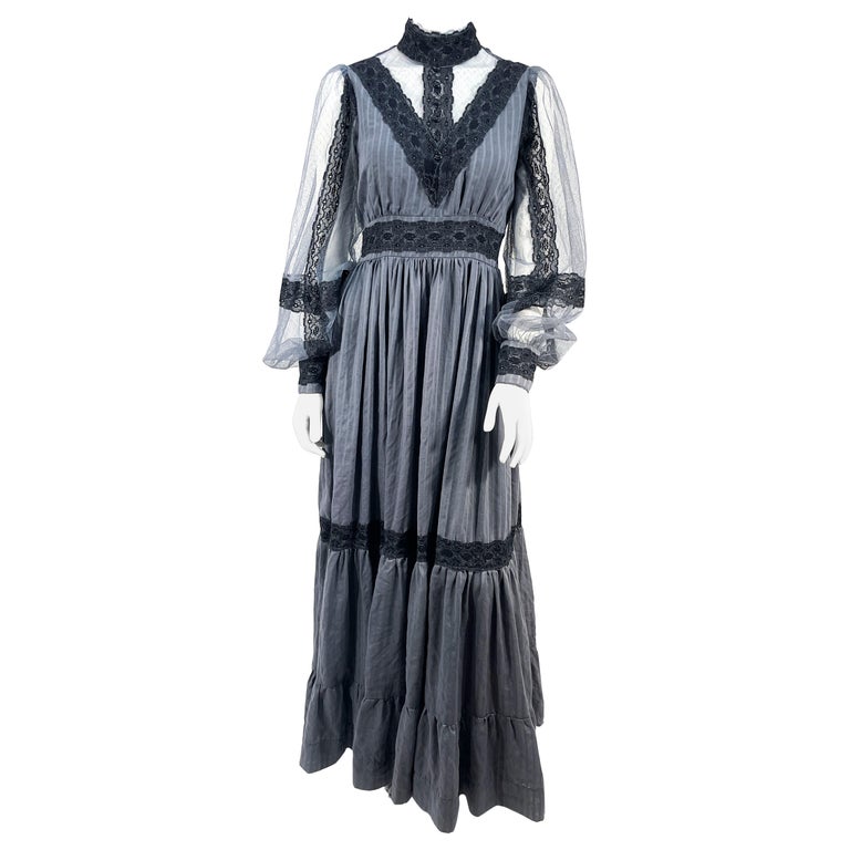 1970s Gunn Sax Grey Blue Cotton Prairie Dress For Sale