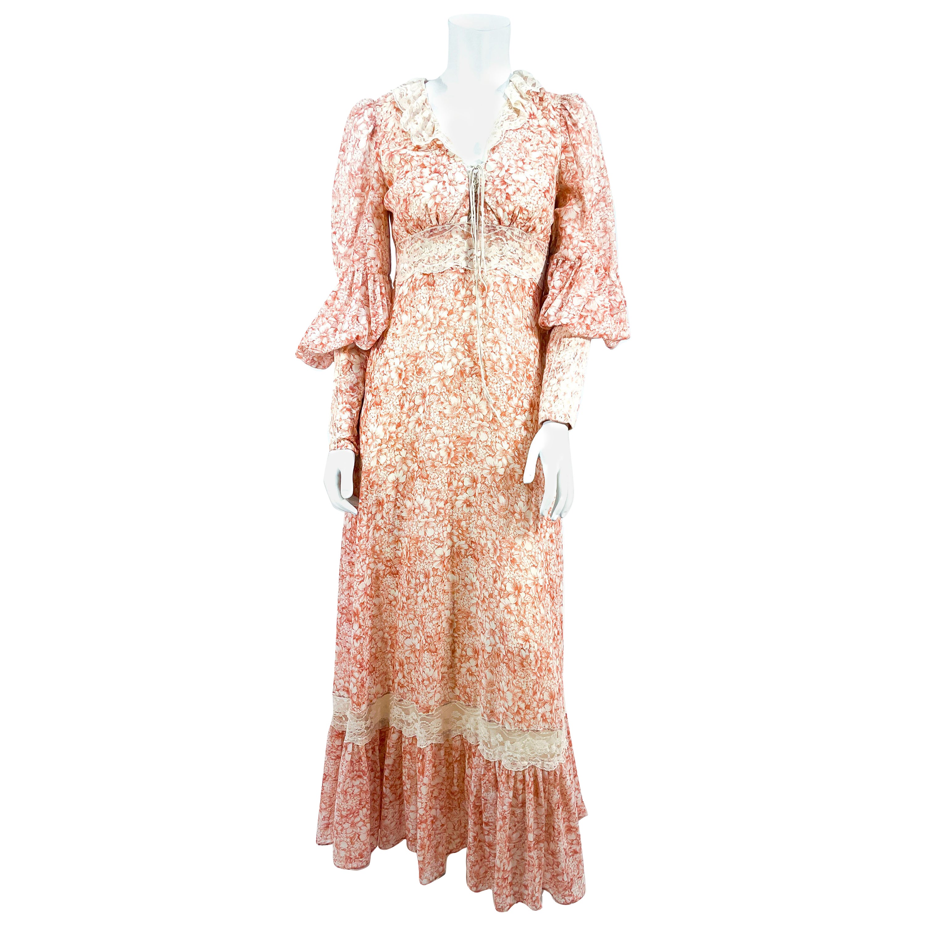 1970s Gunne Sax Floral Printed Cotton Day Dress