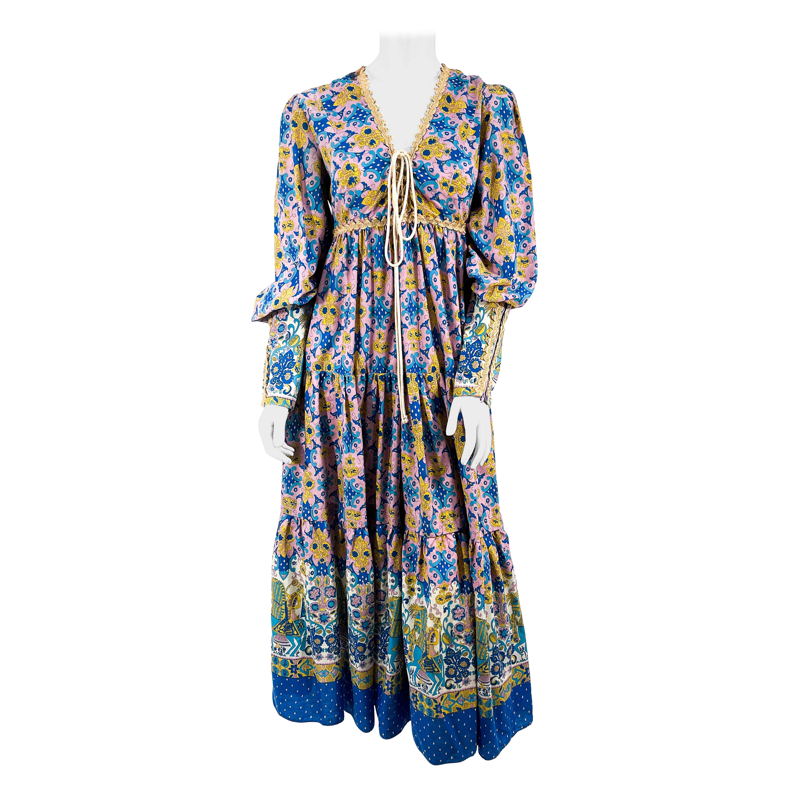 1969 Gunne Sax Eclectic Horseman Printed Cotton Dress For Sale