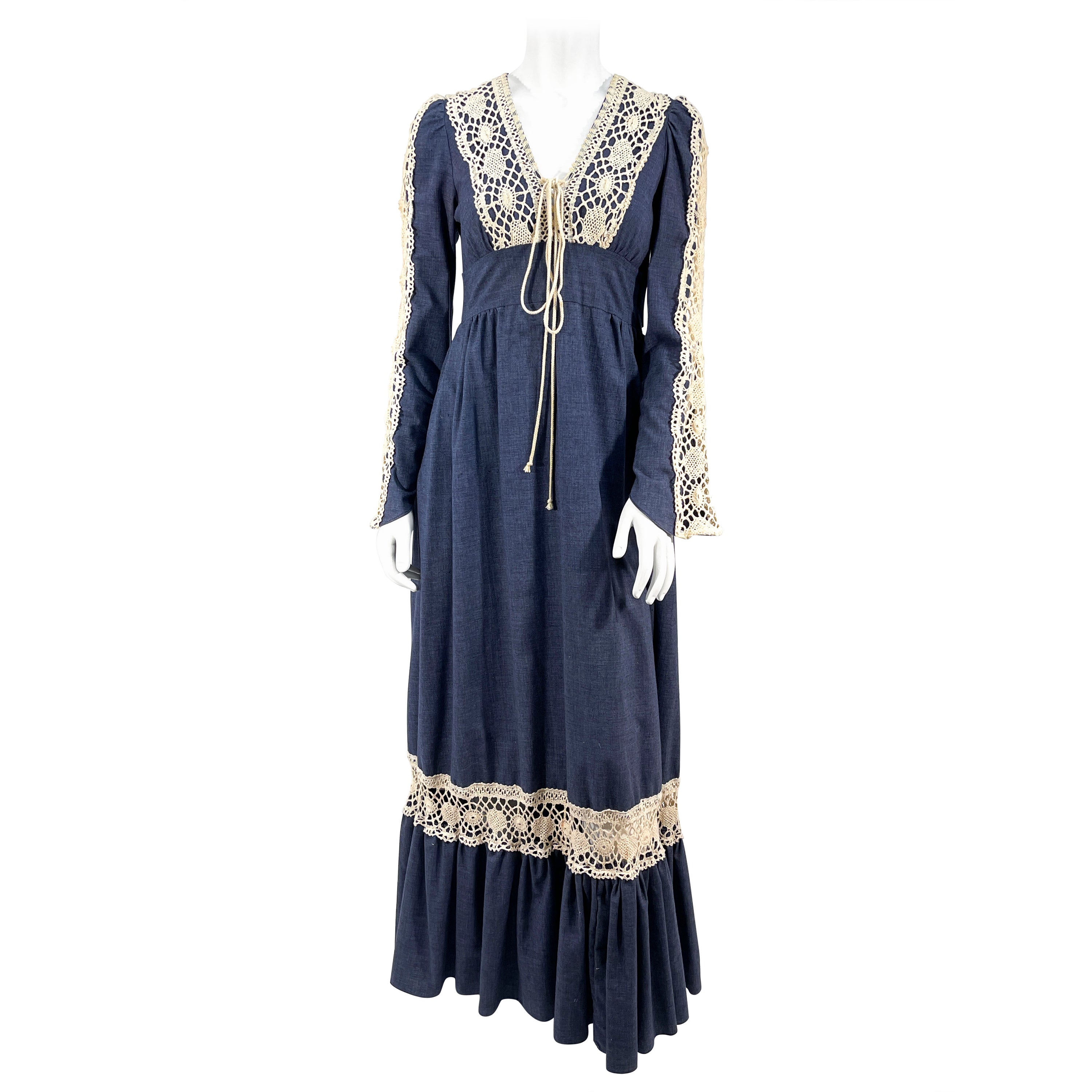 1970s Gunne Sax Denim and Crochet Prairie Dress For Sale