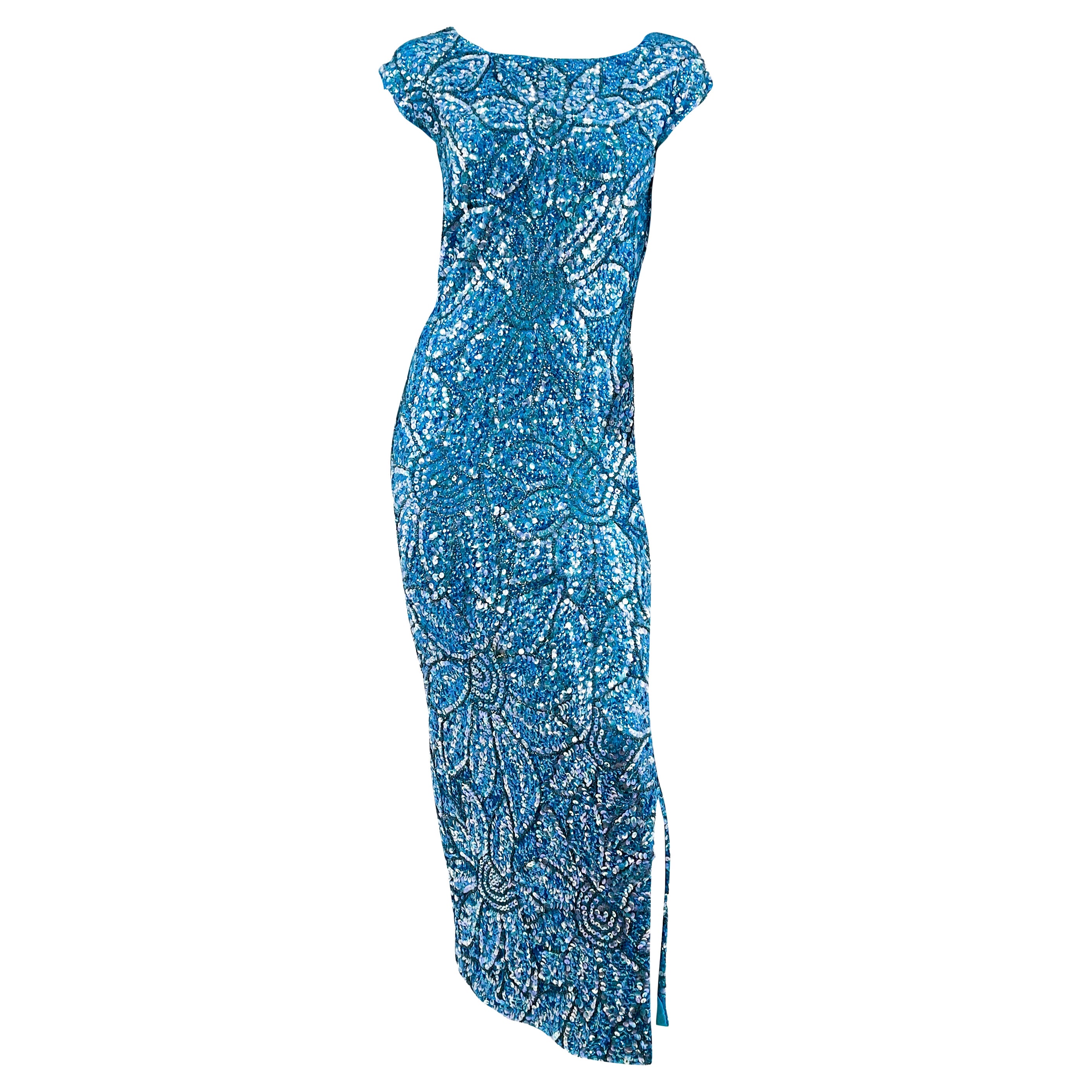 1950s Imperial Aqua Blue Sequin and Beaded Knit Dress