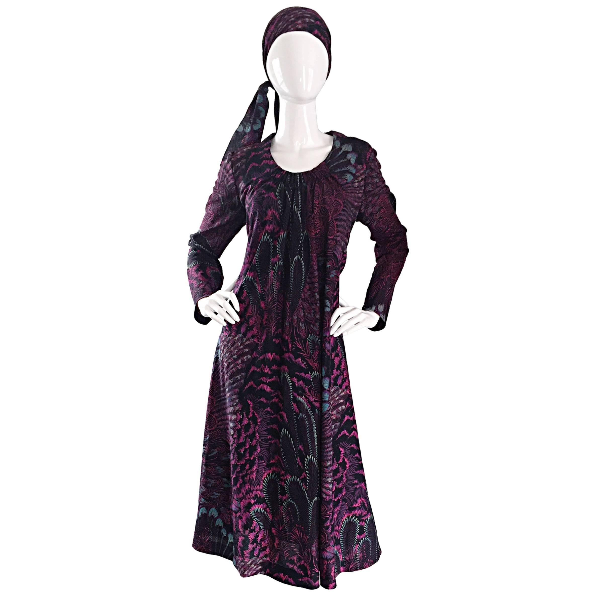 Incredible 1970s Pauline Trigere 
 Peacock Feather 
 Vintage Dress 
Head Scarf