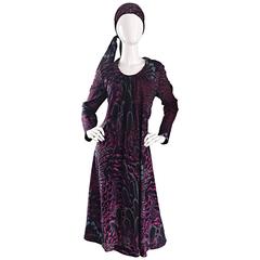Incredible 1970s Pauline Trigere ' Peacock Feather ' Vintage Dress & Head Scarf 8