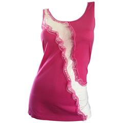 John Galliano Hot Pink + White Sleeveless Cotton Blouse w/ Lace Cut - Outs 10