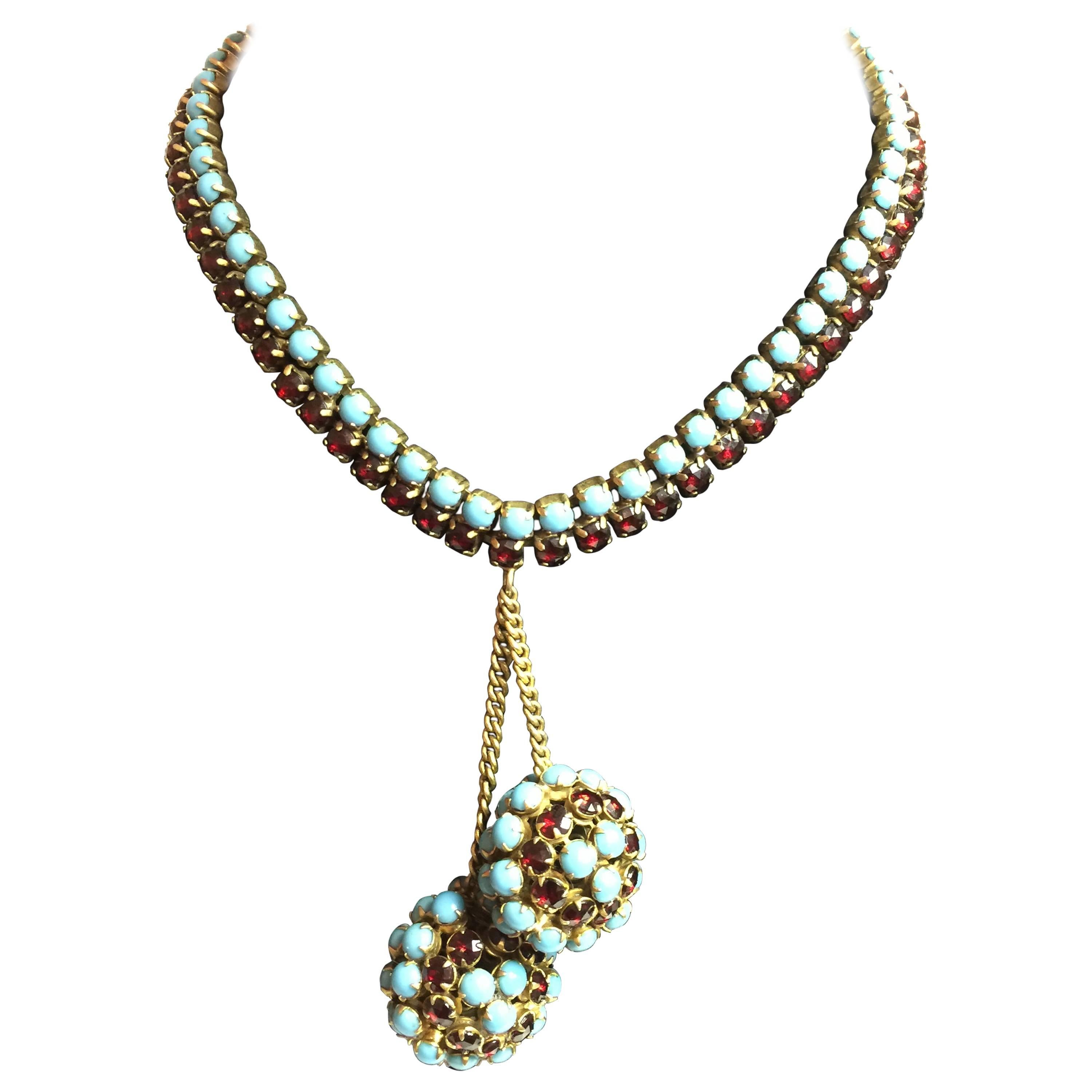 1950s HATTIE CARNEGIE Faux Turquoise Ruby Retro Style Double Ball Drop Necklace For Sale