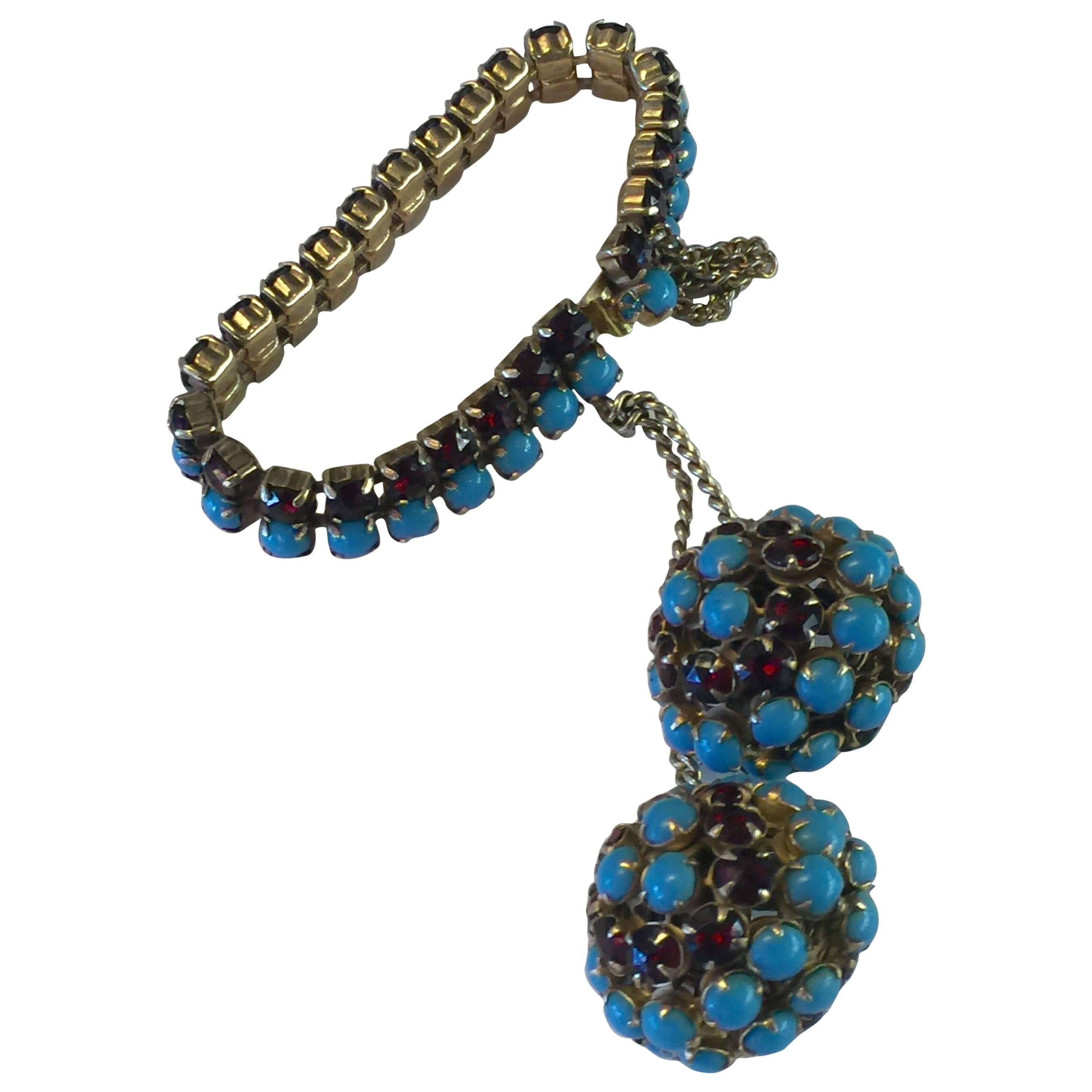 1950s HATTIE CARNEGIE Faux Turquoise & Ruby Retro  Double Ball Drop Bracelet For Sale