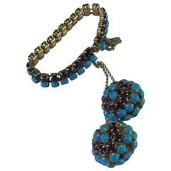 1950s HATTIE CARNEGIE Faux Turquoise & Ruby Retro  Double Ball Drop Bracelet