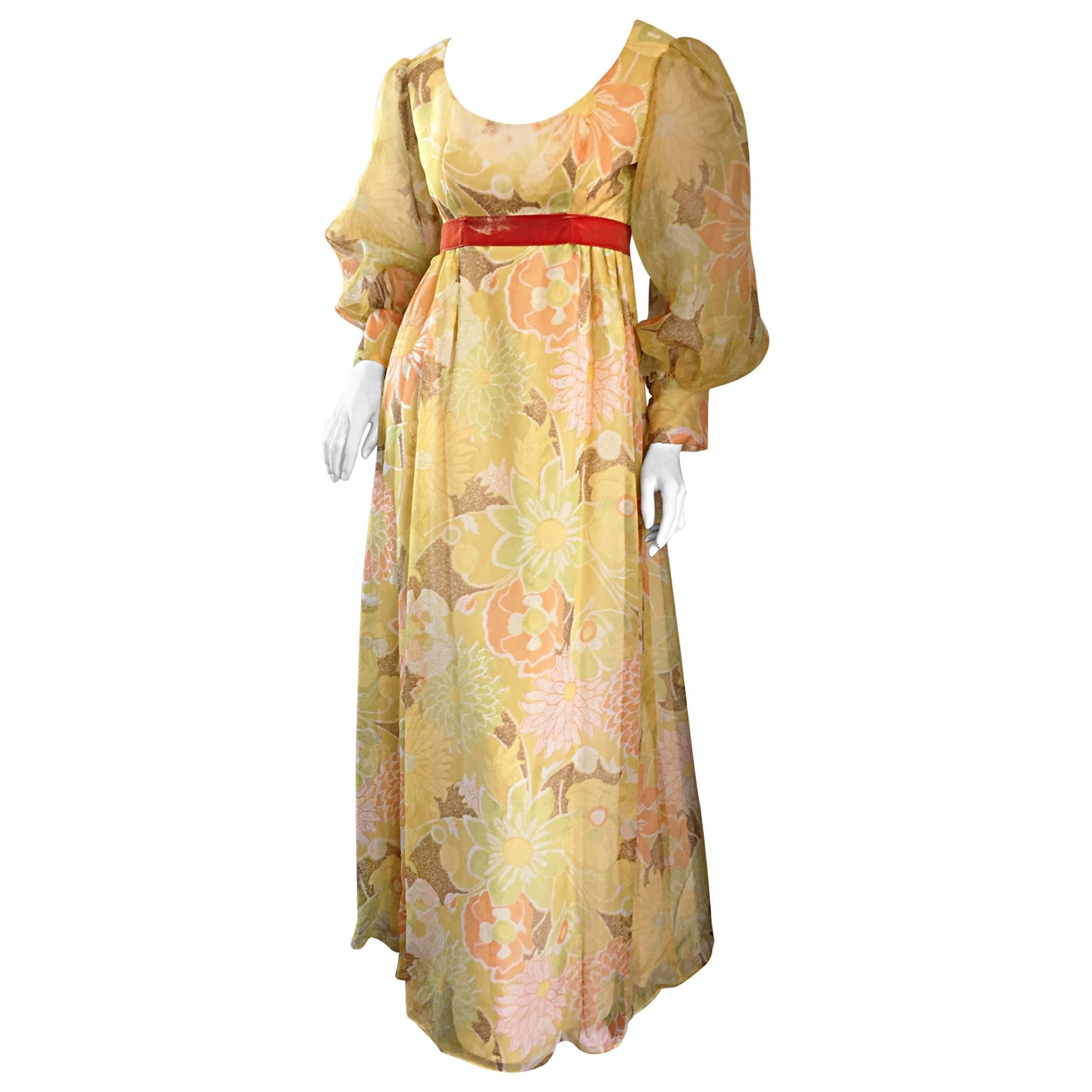 Beautiful 1970s Emma Domb Yellow + Orange Flower Chiffon Long Sleeve Maxi Dress 