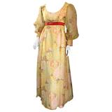 Beautiful 1970s Emma Domb Yellow + Orange Flower Chiffon Long Sleeve Maxi Dress 