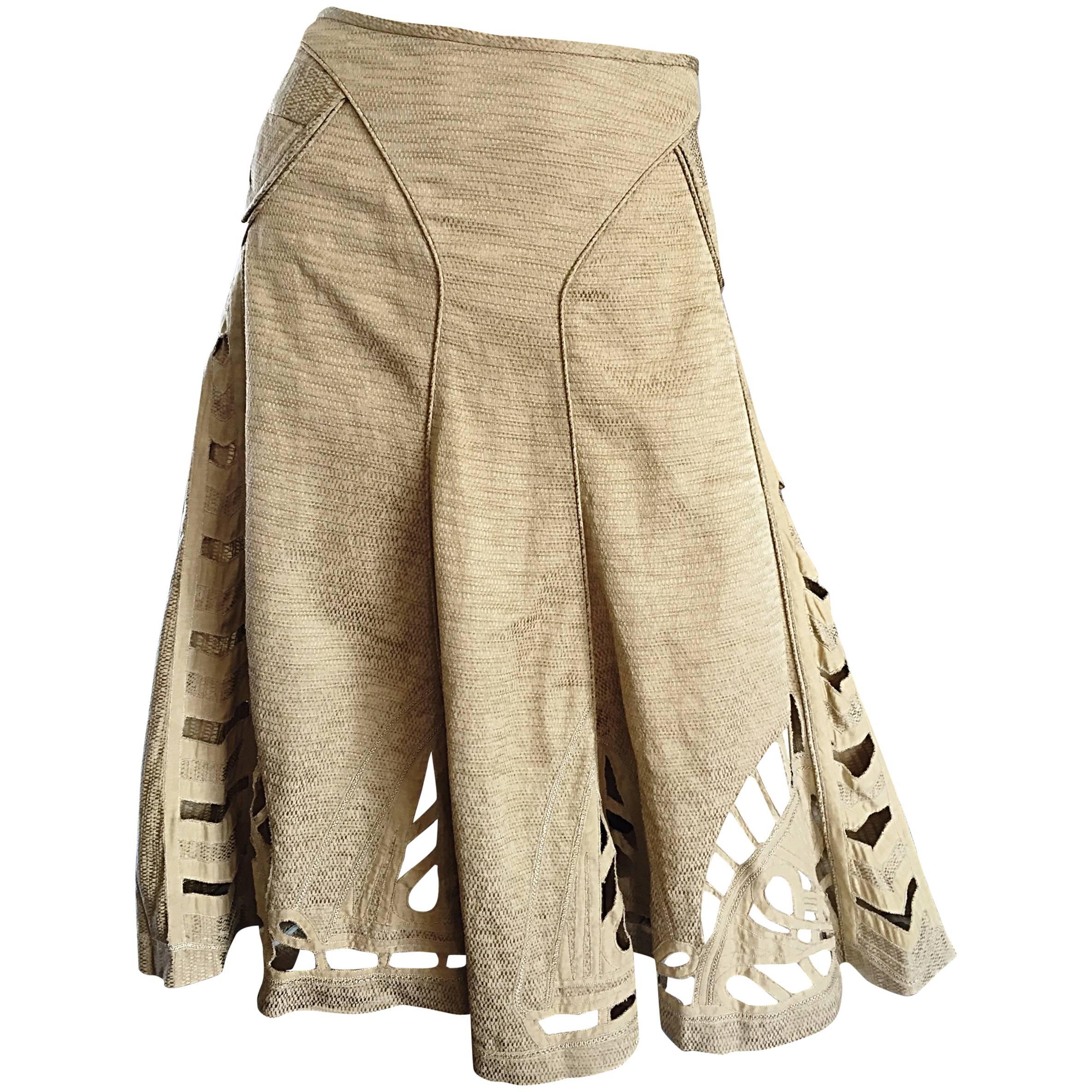 Zac Posen Khaki Linen + Cotton Crochet Cut - Out Size 12 Full A - Line Skirt For Sale