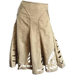 Zac Posen Khaki Linen + Cotton Crochet Cut - Out Size 12 Full A - Line Skirt