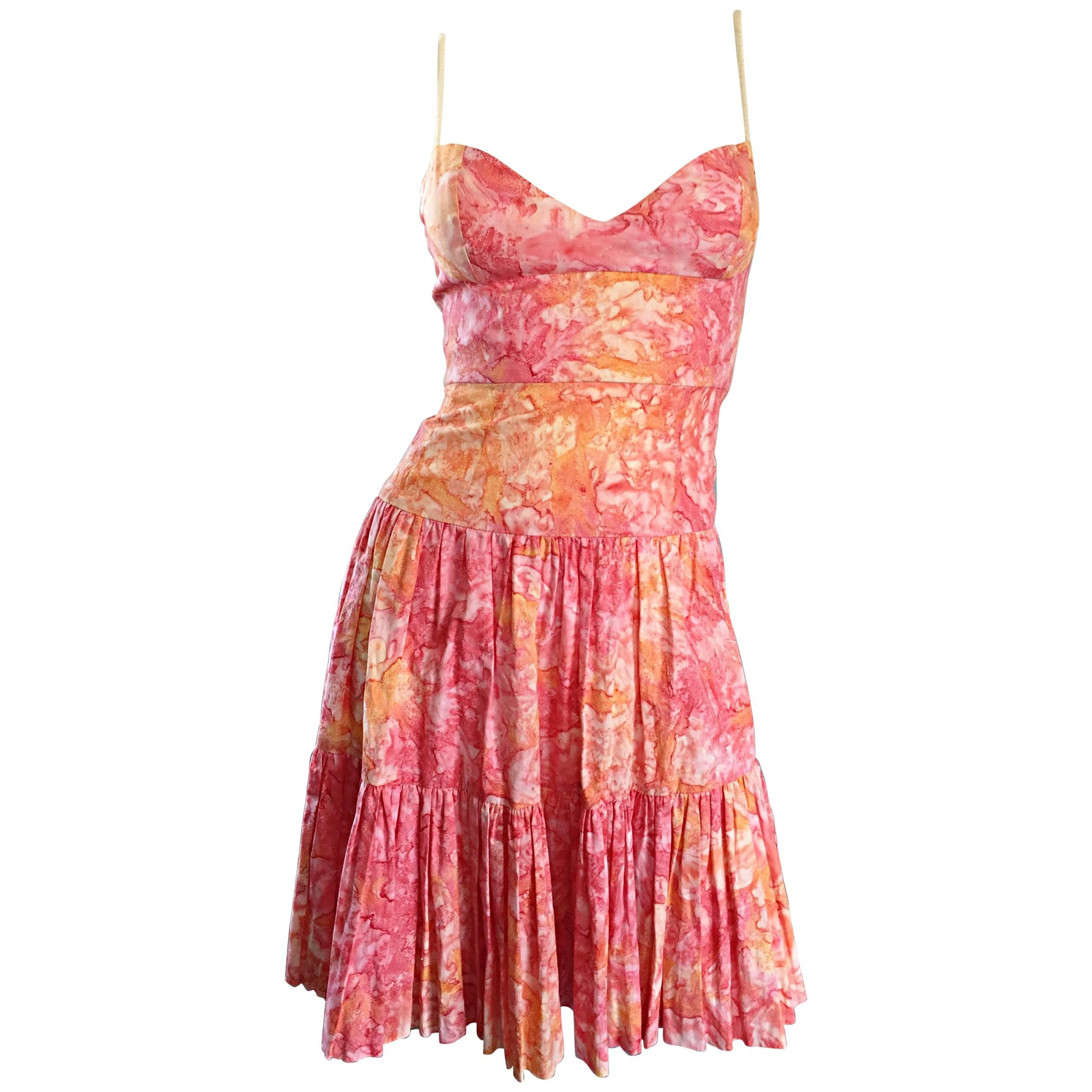 Tracy Feith Pink + Orange + White Watercolor print Tiered Dress w/ Rope Sleeves For Sale