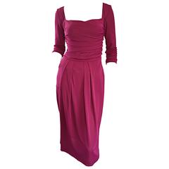 NWT 1990s Alberta Ferretti Raspberry Pink 3/4 Sleeves Vintage Jersey Dress